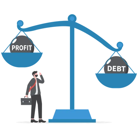Empresário compara lucro e dívida em escalas  Ilustração