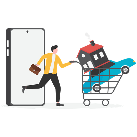 Empresário comprando imóvel enquanto corre com o imóvel no carrinho  Ilustração