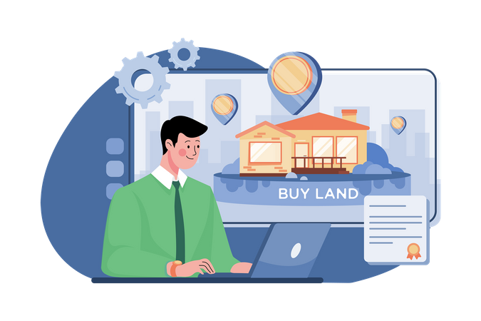 El hombre de negocios compra tierras usando Bitcoin  Ilustración