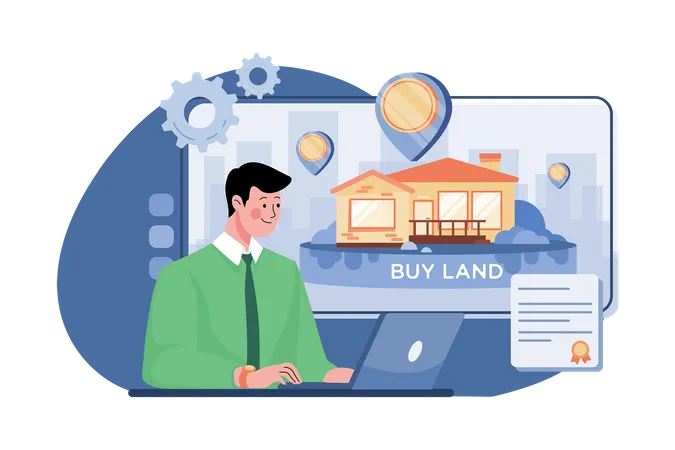 El hombre de negocios compra tierras usando Bitcoin  Ilustración
