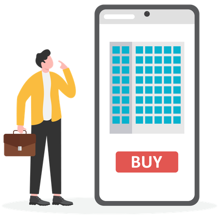 Empresario comprando casa en línea  Ilustración