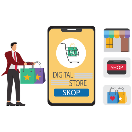 Empresario haciendo compras en comercio electrónico y tienda digital  Ilustración