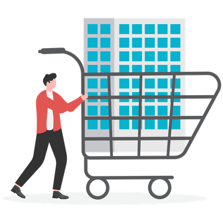 Empresário comprando imóvel com carrinho de compras  Ilustração