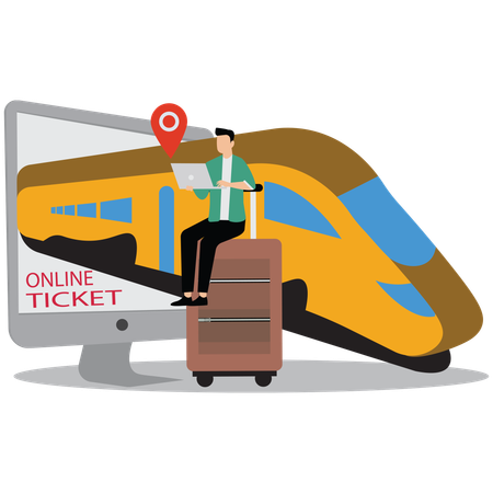 Empresário comprando passagem de trem online no laptop  Ilustração