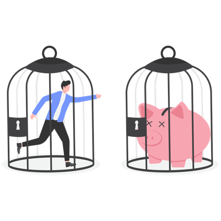 Hombre de negocios con alcancía en jaula  Ilustración