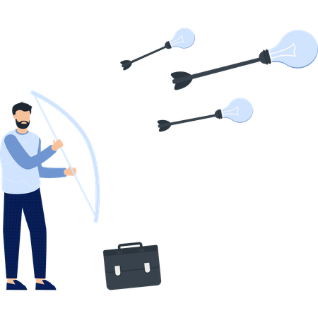Hombre de negocios con arco y flechas disparando bombillas  Ilustración