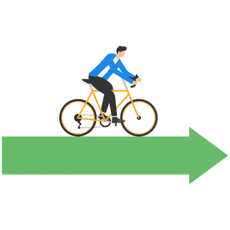 Hombre De Negocios Con Bicicleta Caminando Sobre Una Flecha Abstracta En El Fondo Concepto De Crecimiento Y Avance Ilustracion De Vector Moderno Plano Ilustración