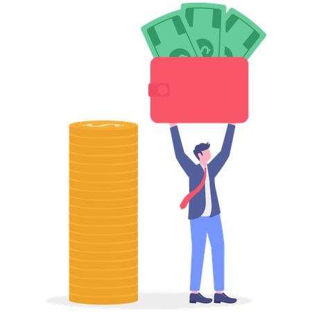 Hombre de negocios sosteniendo una billetera con dinero  Ilustración