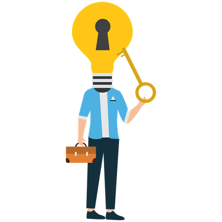 Hombre de negocios con cabeza de bombilla sosteniendo la clave de la solución  Ilustración
