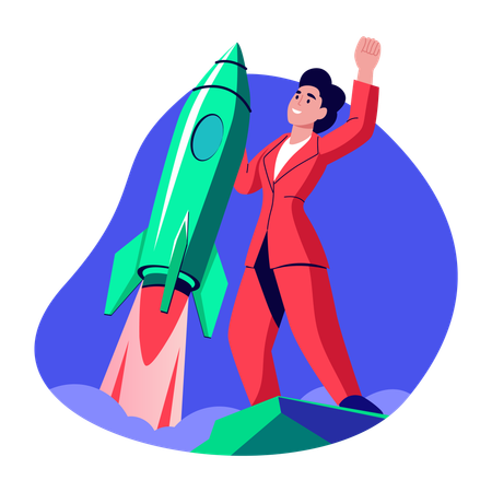 Hombre de negocios con cohete de startup  Ilustración
