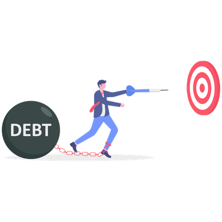 Hombre de negocios con bola de deuda lanzando una flecha de dardos para lograr un objetivo comercial  Ilustración