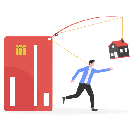 Hombre de negocios con deudas y casa  Ilustración