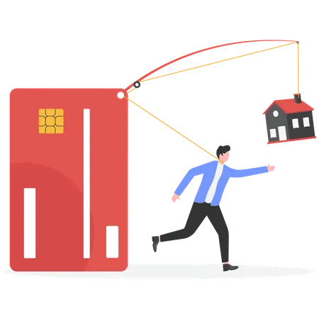 Hombre de negocios con deudas y casa  Ilustración