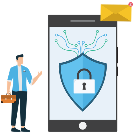 Hombre de negocios haciendo bloqueo de seguridad de dispositivo móvil  Ilustración
