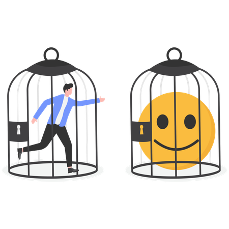 Hombre de negocios con emociones encerradas en una jaula  Ilustración