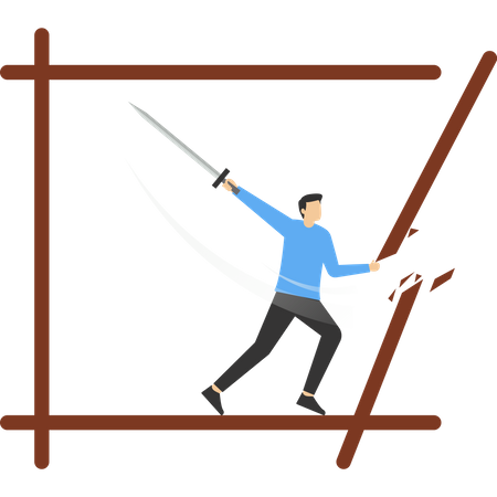 Hombre de negocios con espada cortando el cuadro de límites para salir de la zona de límites  Ilustración