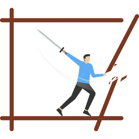 Hombre de negocios con espada cortando el cuadro de límites para salir de la zona de límites  Ilustración