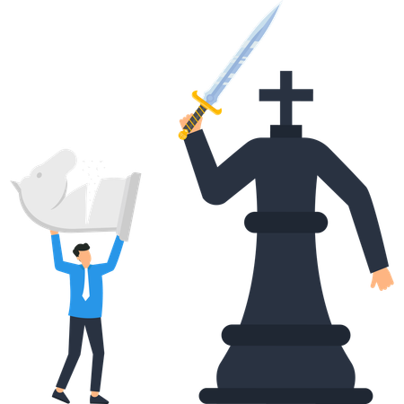 Estrategia empresarial de un hombre de negocios con una espada frente a una pieza de ajedrez  Ilustración