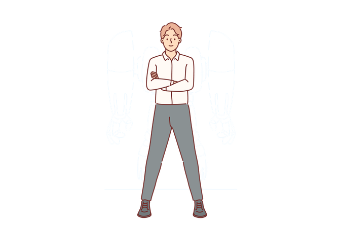 Empresario con exoesqueleto de robot está parado con los brazos cruzados  Ilustración