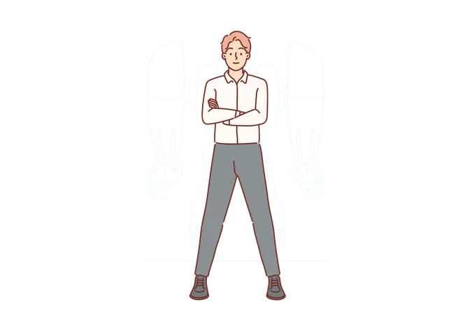 Empresario con exoesqueleto de robot está parado con los brazos cruzados  Ilustración