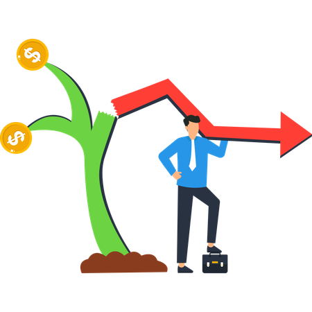 Hombre de negocios con monedas de dólar de flecha roja y árbol roto  Ilustración