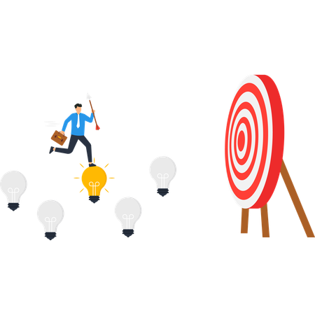 Hombre de negocios con un hacha corriendo hacia un objetivo con bombillas  Ilustración