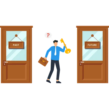 Hombre de negocios con llave frente a puertas etiquetadas con pasado y futuro  Ilustración