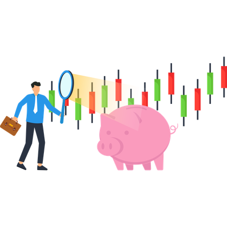 Empresario con lupa examinando el gráfico del mercado de valores con una alcancía  Ilustración