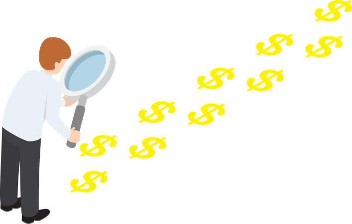 Hombre de negocios con lupa mirando un rastro de signo de dólar, seguimiento financiero e inversión  Ilustración