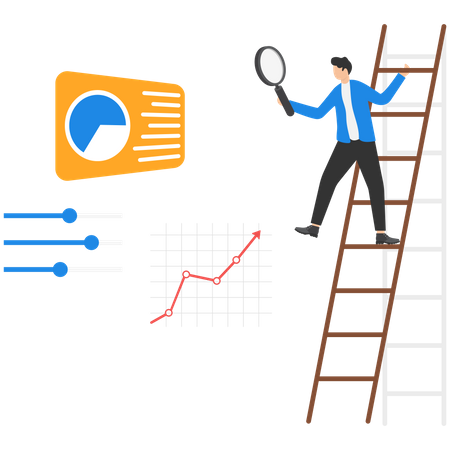 Empresario con lupa usando escalera para ver la optimización del trabajo basada en el gráfico  Ilustración