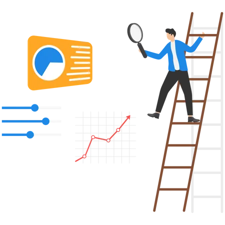 Empresario con lupa usando escalera para ver la optimización del trabajo basada en el gráfico  Ilustración