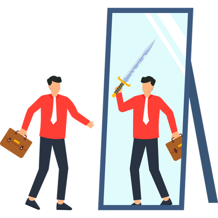 Hombre de negocios con maletín y espada en el espejo de la confianza en sí mismo y la fuerza  Ilustración