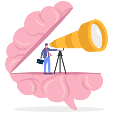 Hombre de negocios de mente abierta mientras usa un telescopio para encontrar una visión empresarial  Ilustración