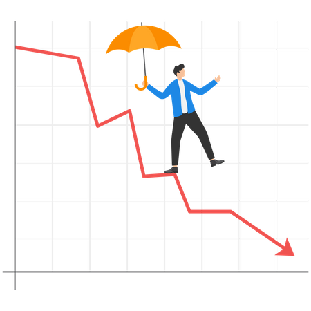 Empresario con paraguas caminando sobre la flecha de pérdida  Ilustración