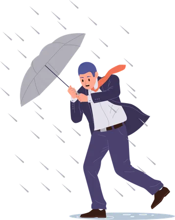 Hombre de negocios con paraguas luchando contra la lluvia torrencial  Ilustración