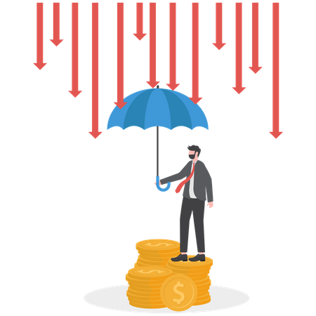 Empresario con paraguas protegiendo la lluvia de flechas en crisis económica  Ilustración