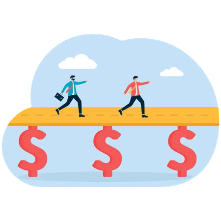 Hombre de negocios hace equilibrio sobre una moneda de dólar  Ilustración