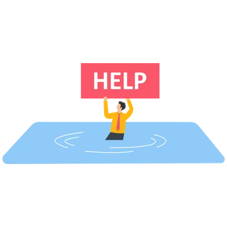 Empresario con cartel de ayuda se encuentra en una escalera en el agua  Ilustración