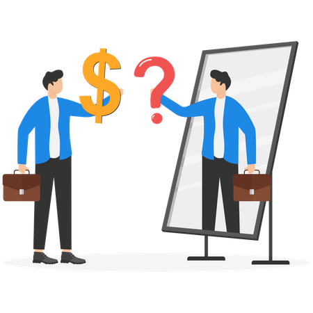 Empresario con signo de dólar mientras el espejo refleja un signo de interrogación que representa confusión  Ilustración