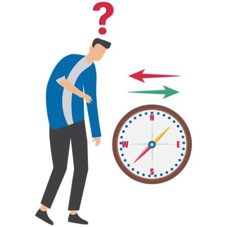 Hombre de negocios con signo de interrogación y brújula que simboliza orientación y pregunta abierta para su solución.  Illustration
