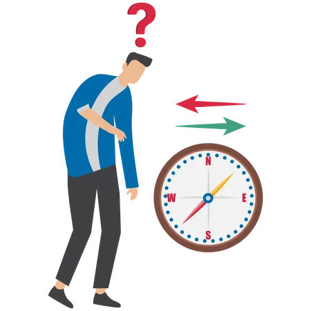 Hombre de negocios con signo de interrogación y brújula que simboliza orientación y pregunta abierta para su solución.  Illustration