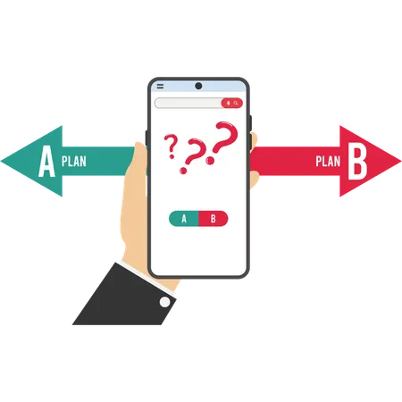 Empresario con smartphone confundido acerca de dos opciones Plan A o Plan B  Ilustración