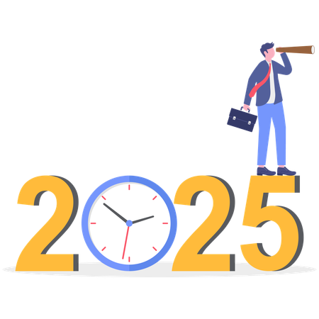 Un hombre de negocios que usa un telescopio para encontrar una nueva visión empresarial para el año 2025  Ilustración