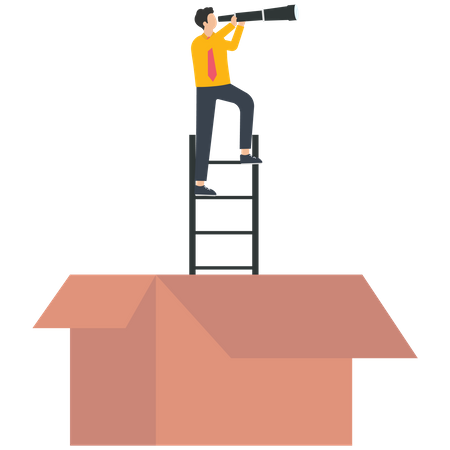 Empresario con telescopio parado sobre una escalera fuera de una caja  Ilustración