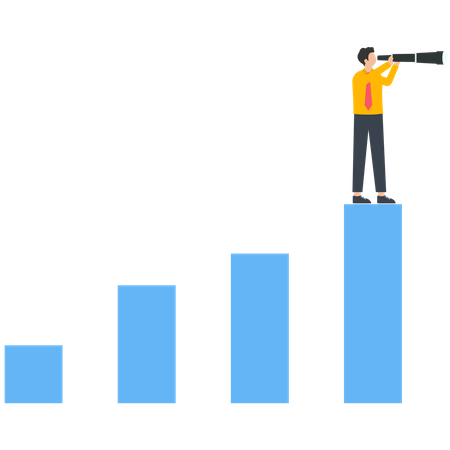 Empresario con telescopio parado encima del gráfico de barras  Ilustración