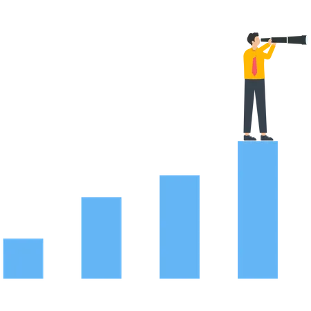 Empresario con telescopio parado encima del gráfico de barras  Ilustración