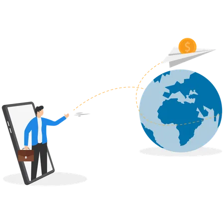 Hombre de negocios con un teléfono y envía una transferencia de dinero a todo el mundo  Ilustración