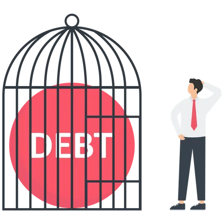 Empresario con una bola de deuda roja en la jaula  Ilustración