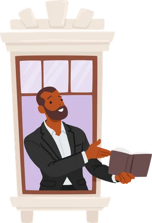 Un hombre de negocios enfocado está junto a una ventana  Ilustración