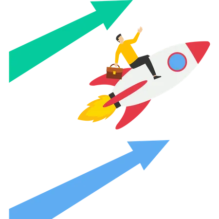 Empresario conduciendo un cohete propulsor con flechas de crecimiento  Ilustración